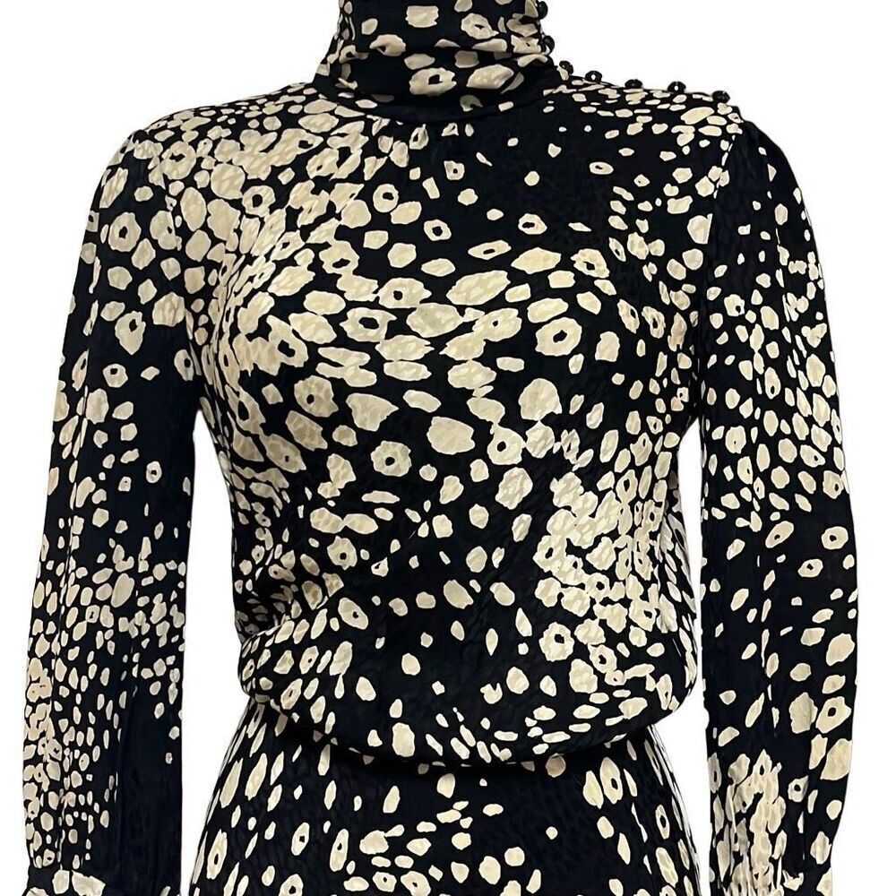 Tuleh Black Gold Animal Leopard Print 100% Silk High Neck Blouson Midi Dress XS‎ - Picture 3 of 12